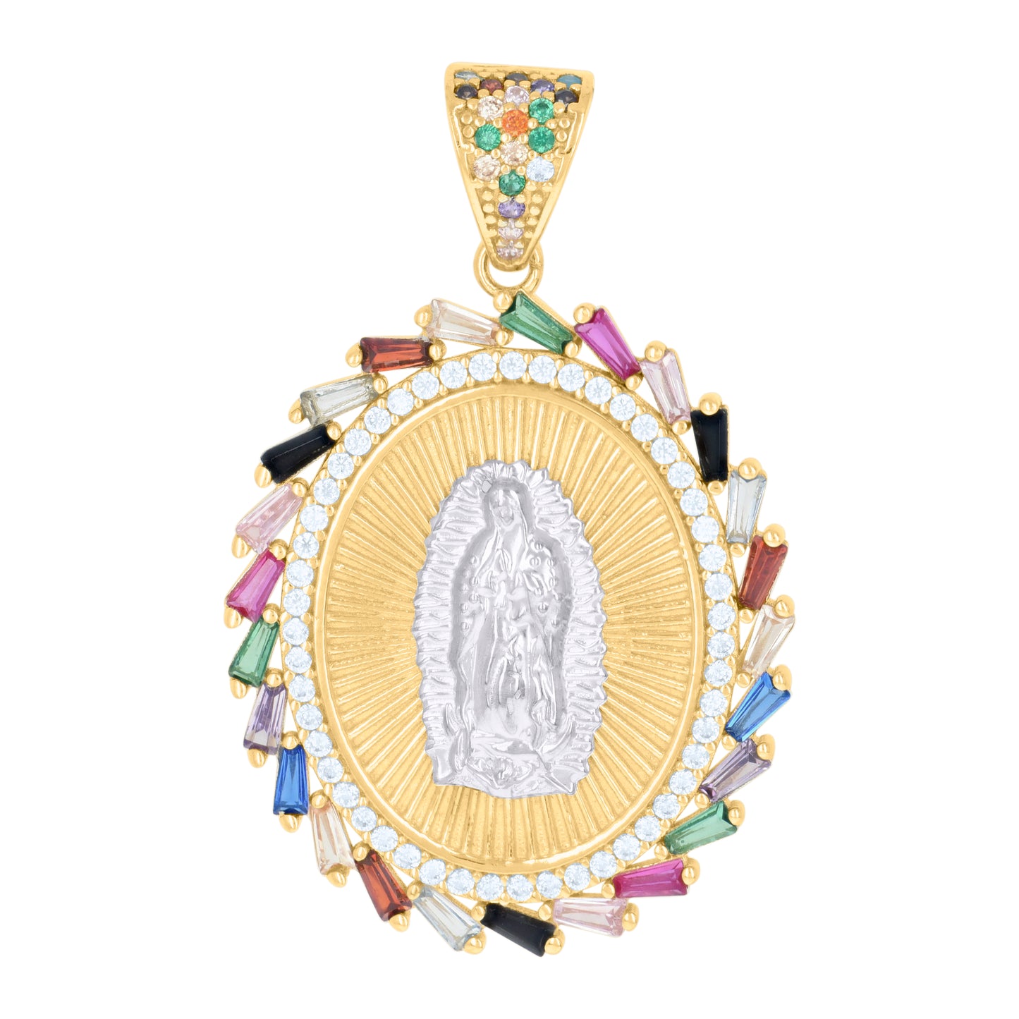 10k Two tone Gold Womens Multi color Baguette Round Cubic Zirconia Oval Medallion Guadalupe Religious Charm Pendant