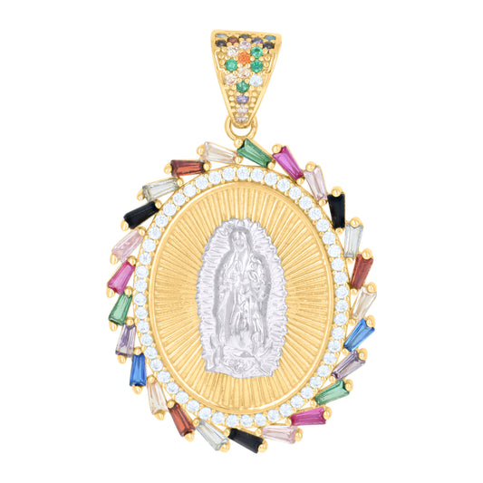 10k Two tone Gold Womens Multi color Baguette Round Cubic Zirconia Oval Medallion Guadalupe Religious Charm Pendant