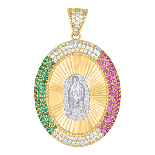 10k Two tone Gold Mens Pink/Green Cubic Zirconia Oval Medallion Guadalupe Religious Charm Pendant
