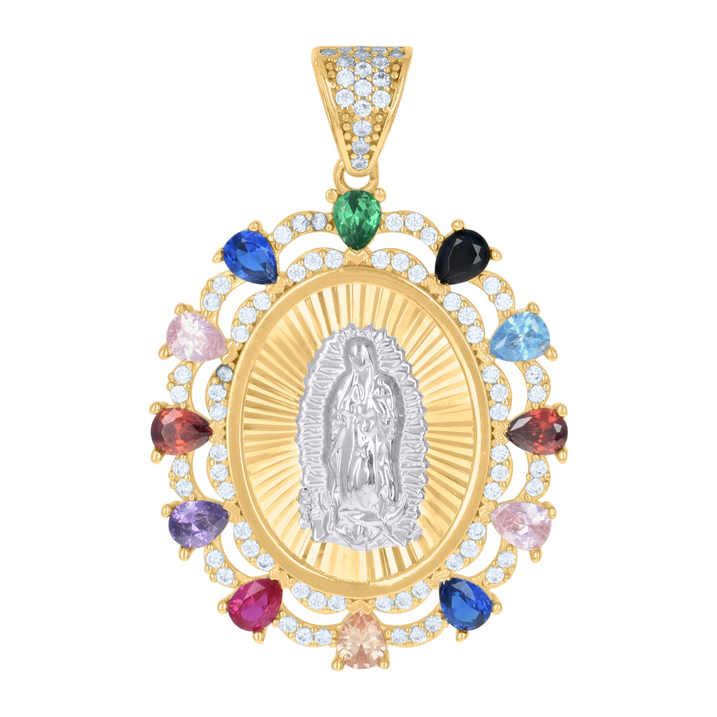 10k Two tone Gold Womens Multi color Pear Round Cubic Zirconia Oval Medallion Guadalupe Religious Charm Pendant