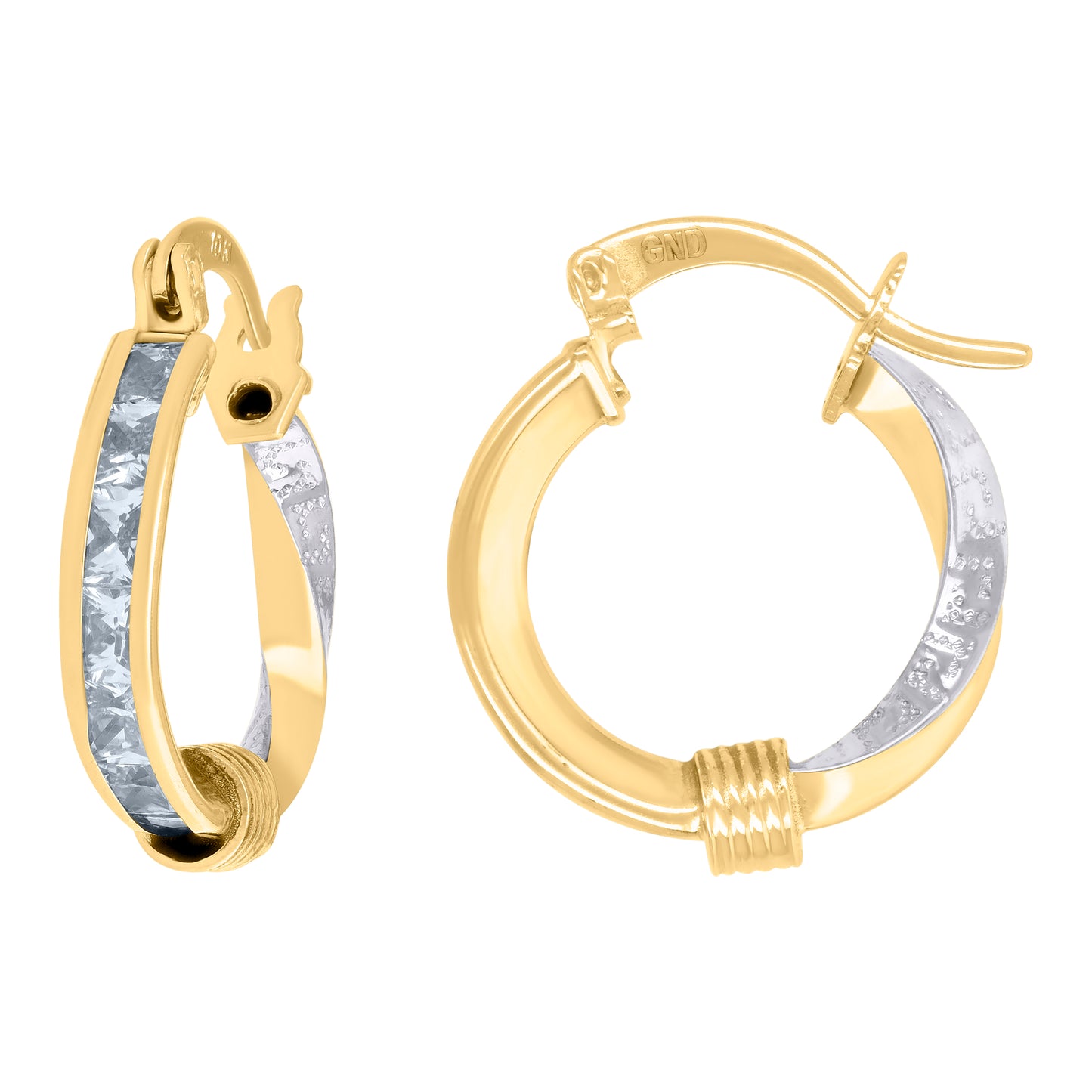 10k Two-Tone Gold Womens Baguette Cubic Zirconia Textured Twisted Hoops Huggies Earrings