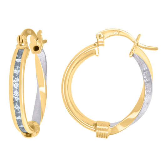 10k Two-Tone Gold Womens Baguette Cubic Zirconia Textured Twisted Hoops Huggies Earrings