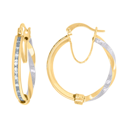 10k Two-Tone Gold Womens Baguette Cubic Zirconia Textured Twisted Hoops Huggies Earrings