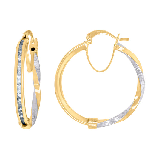 10k Two-Tone Gold Womens Baguette Cubic Zirconia Textured Twisted Hoops Huggies Earrings