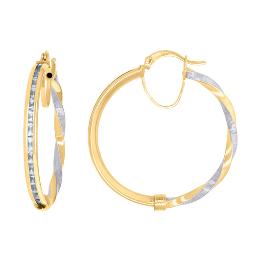 10k Two-Tone Gold Womens Baguette Cubic Zirconia Textured Twisted Hoops Huggies Earrings