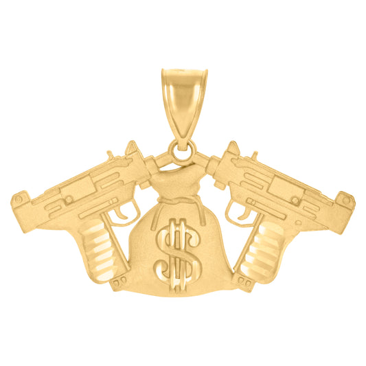 10k Yellow Gold Mens Gun Money Bag Currency Charm Pendant