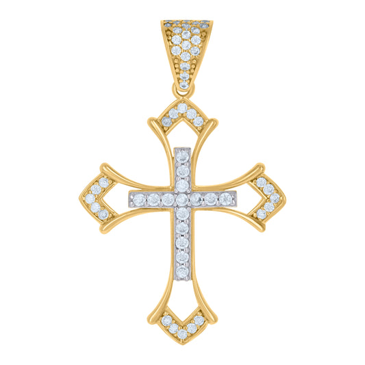 10k Two tone Gold Mens Cubic Zirconia Cross Religious Charm Pendant