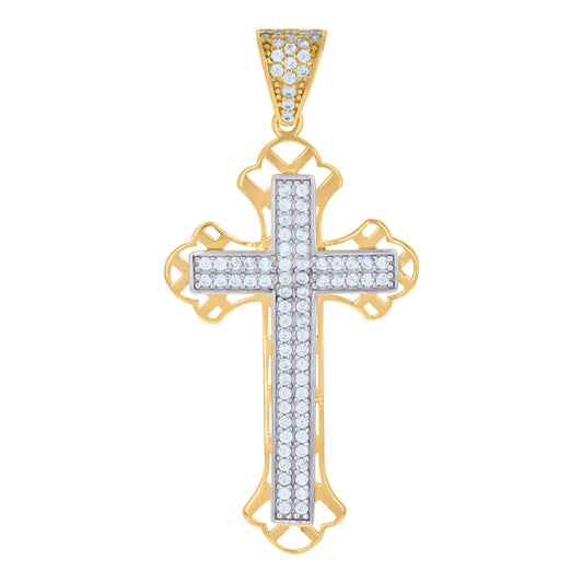 10k Two tone Gold Mens Cubic Zirconia Cross Religious Charm Pendant