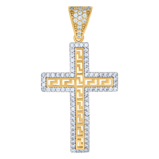 10k Two tone Gold Mens Cubic Zirconia Cross Religious Charm Pendant
