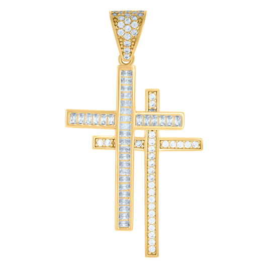 10k Yellow Gold Mens Cubic Zirconia Double Cross Religious Charm Pendant