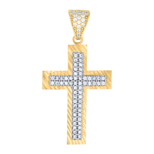 10k Two tone Gold Mens Cubic Zirconia Cross Religious Charm Pendant