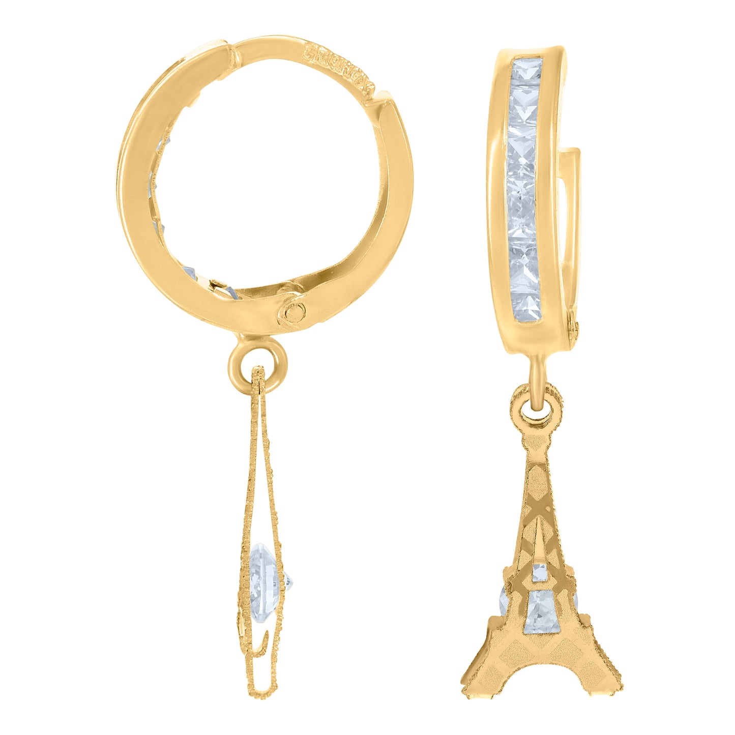 10k Yellow Gold Mens Cubic Zirconia Eiffel Tower Dangle Hoop Earrings