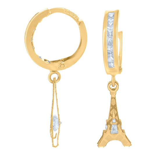 10k Yellow Gold Mens Cubic Zirconia Eiffel Tower Dangle Hoop Earrings