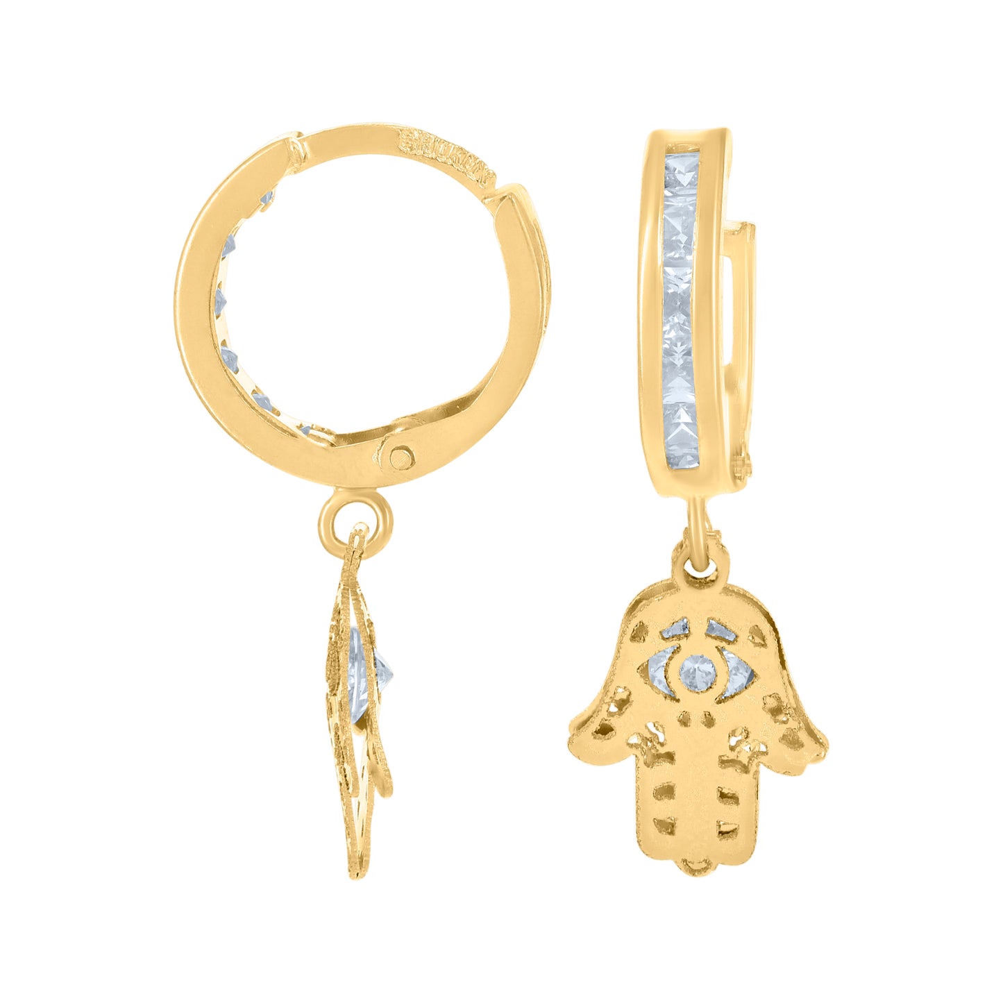 10k Yellow Gold Unisex Cubic Zirconia Hamsa Dangle Hoop Earrings