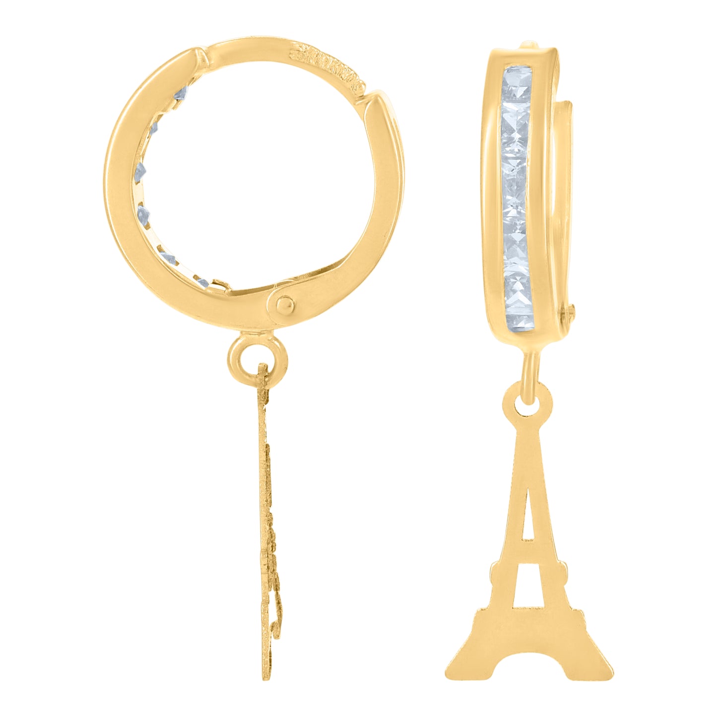 10k Yellow Gold Mens Cubic Zirconia Eiffel Tower Dangle Hoop Earrings
