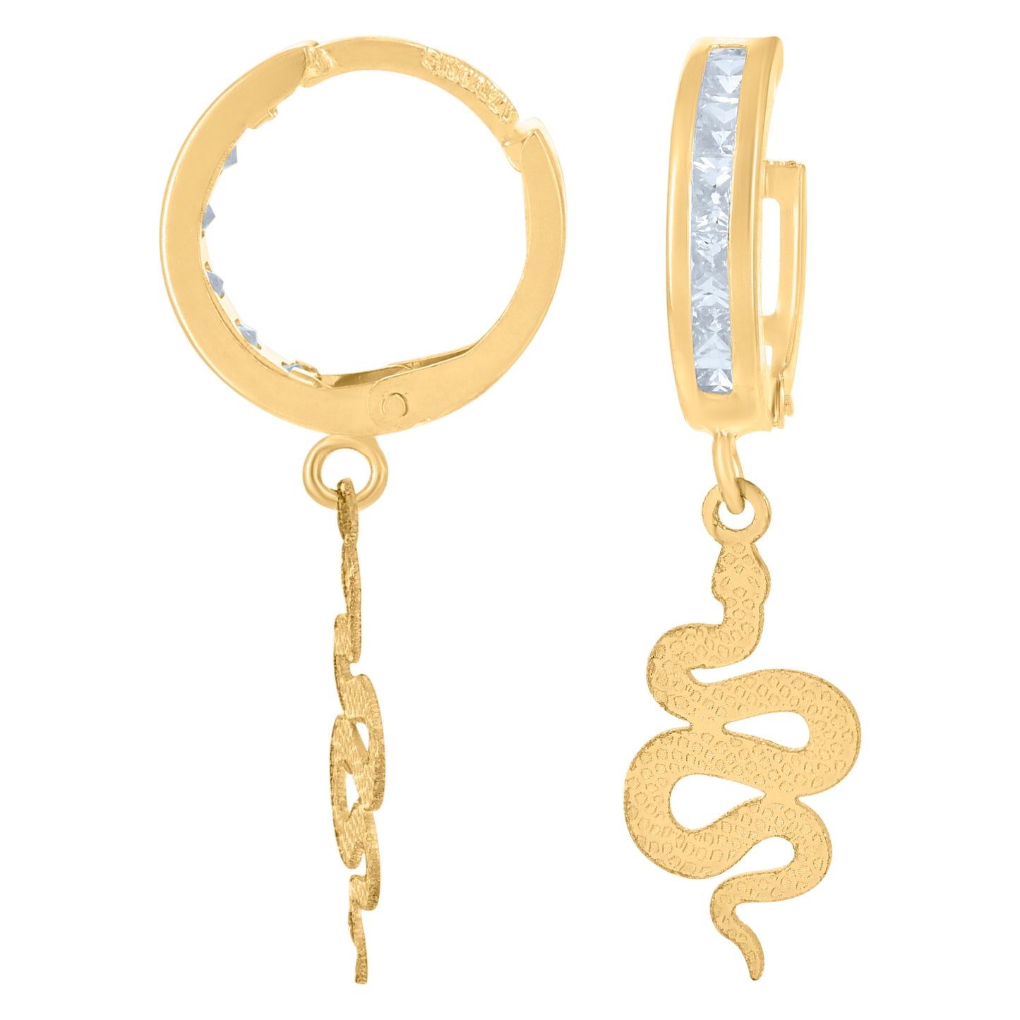 10k Yellow Gold Mens Cubic Zirconia Snake Dangle Hoop Earrings
