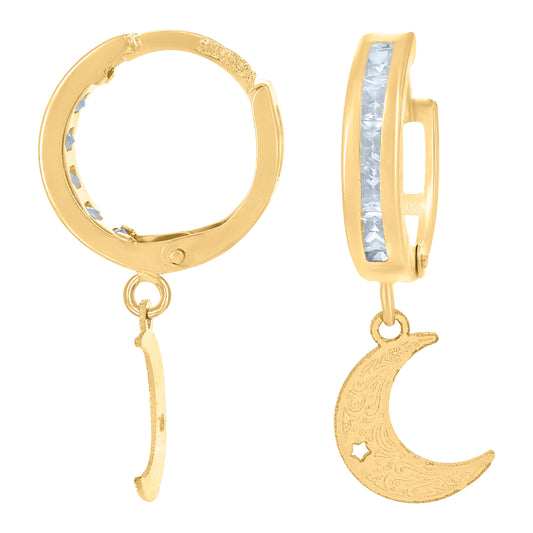 10k Yellow Gold Unisex Cubic Zirconia Moon Dangle Hoop Earrings