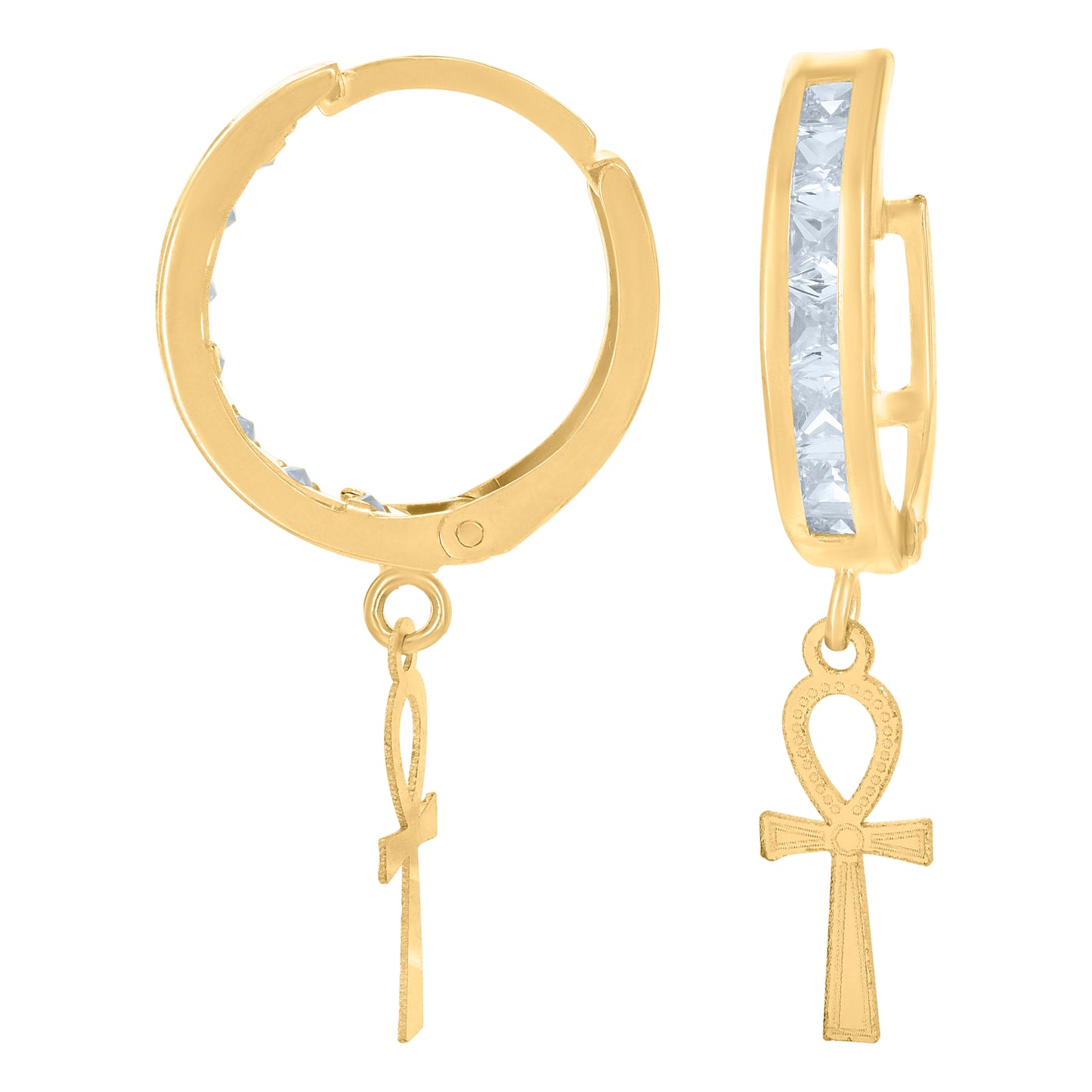 10k Yellow Gold Mens Cubic Zirconia Ankh Cross Dangle Hoop Earrings