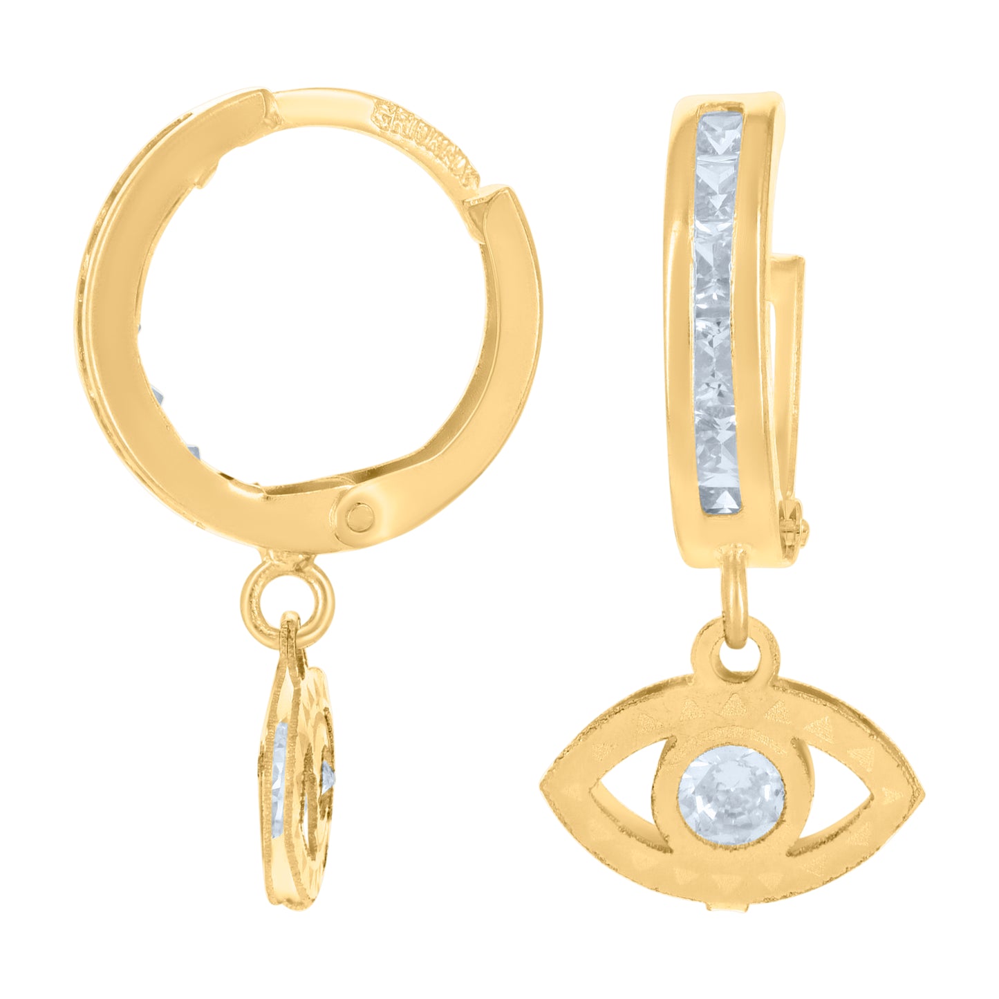 10k Yellow Gold Mens Cubic Zirconia Evil Eye Dangle Hoop Earrings