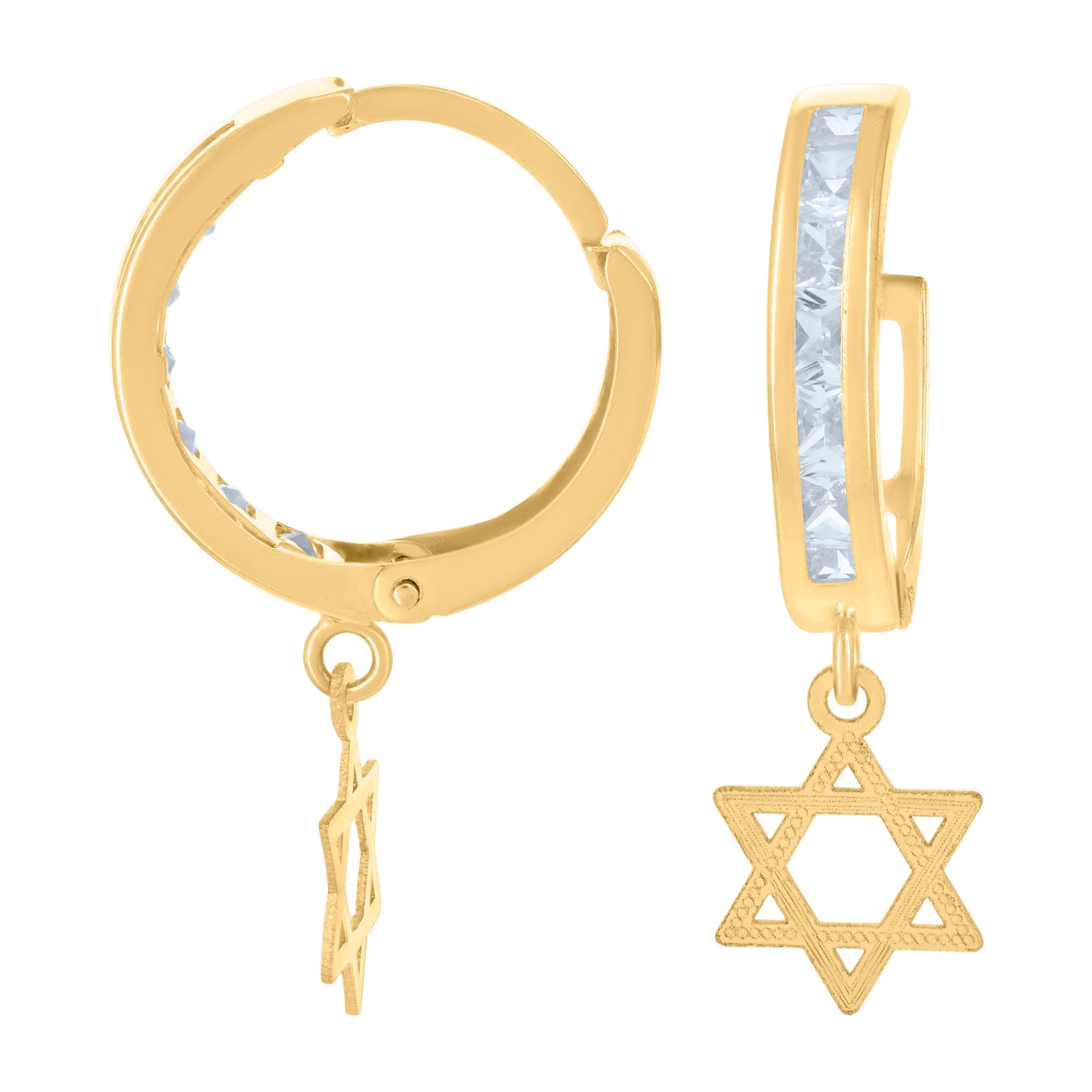 10k Yellow Gold Unisex Cubic Zirconia Star Of David Dangle Hoop Earrings