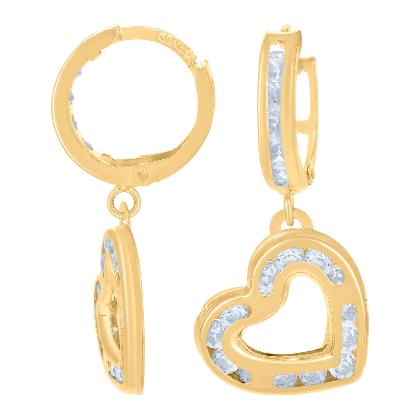 10k Yellow Gold Womens Cubic Zirconia Heart Dangle Hoop Earrings