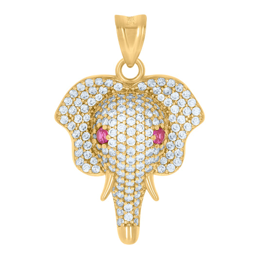 10k Yellow Gold Mens Pink White Cubic Zirconia Elephant Head Charm Pendant