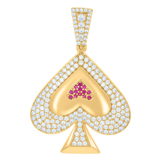 10k Yellow Gold Mens Pink White Cubic Zirconia Spade Playing Cards Gambling Charm Pendant