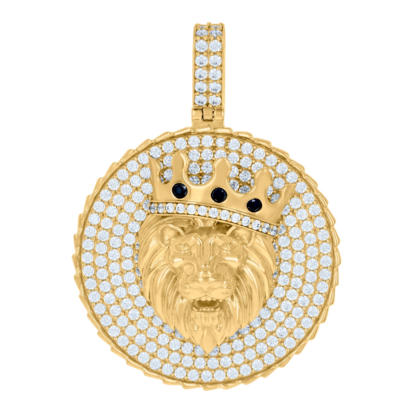 10k Yellow Gold Mens Black White Cubic Zirconia Crown Leo/ Lion Head Zodiac Sign/Wildlife Charm Pendant
