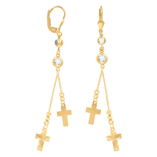 10k Yellow Gold Womens Cubic Zirconia Cross Religious Beaded Dangle Leverback Earrings