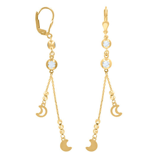 10k Yellow Gold Womens Cubic Zirconia Moon Beaded Dangle Leverback Earrings