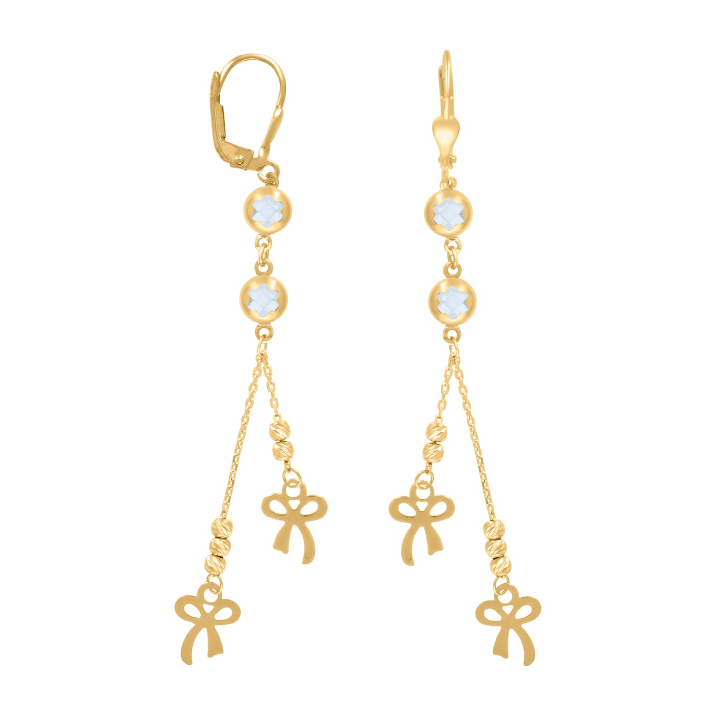 10k Yellow Gold Womens Cubic Zirconia Bow Beaded Dangle Leverback Earrings