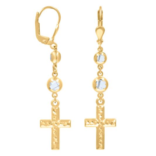 10k Yellow Gold Womens Cubic Zirconia Cross Religious Dangle Leverback Earrings