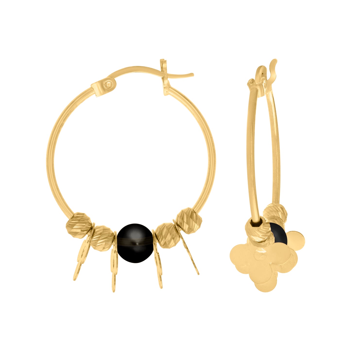 10k Yellow Gold Womens Black Beaded Fashion Hoop Earrings
