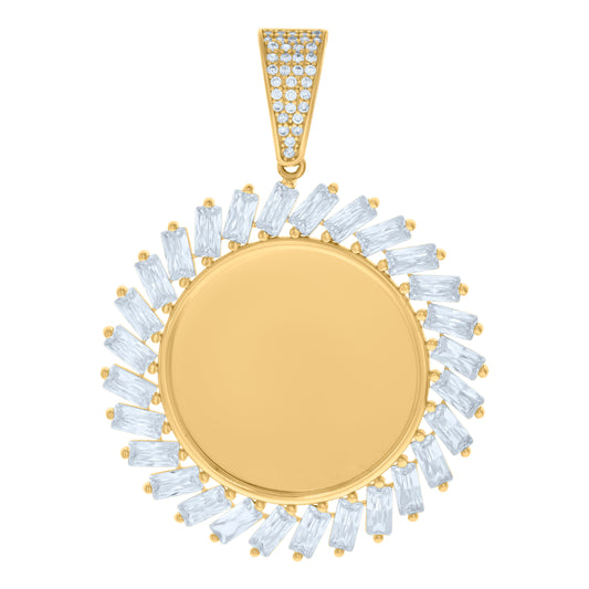 10k Yellow Gold Unisex Baguette Round Cubic Zirconia Photo Frame Charm Pendant