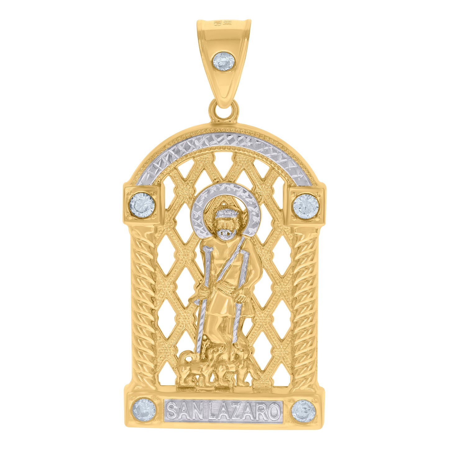 10k Two tone Gold Mens Cubic Zirconia St. Lazarus Religious Charm Pendant