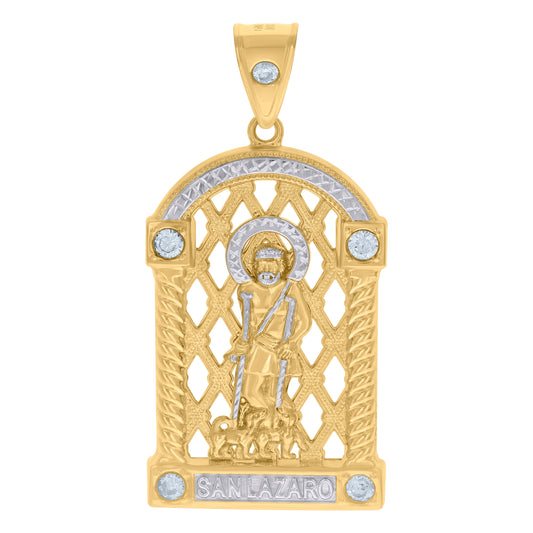 10k Two tone Gold Mens Cubic Zirconia St. Lazarus Religious Charm Pendant