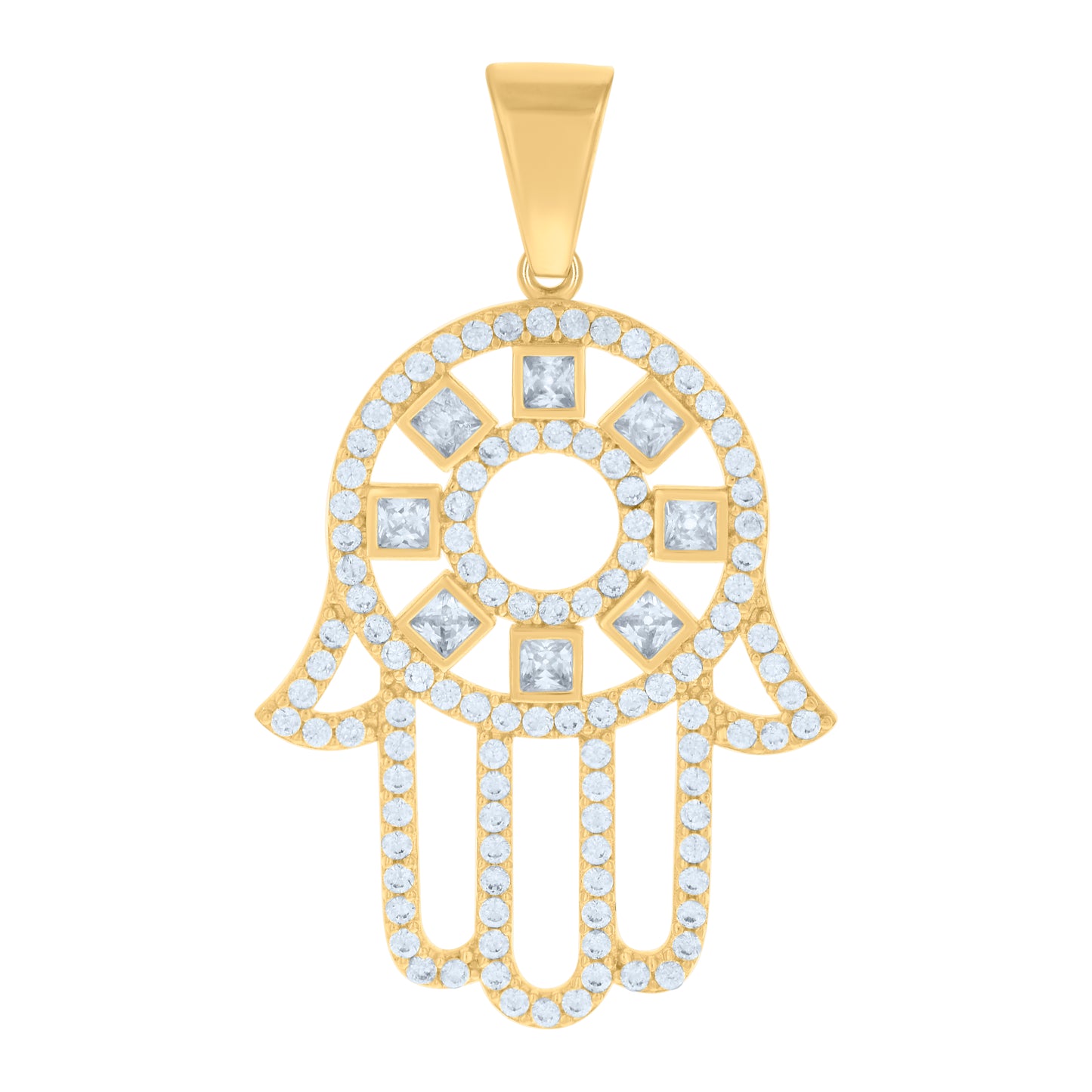 10k Yellow Gold Mens Princess Cut Round Cubic Zirconia Hamsa Symbol Religious Charm Pendant