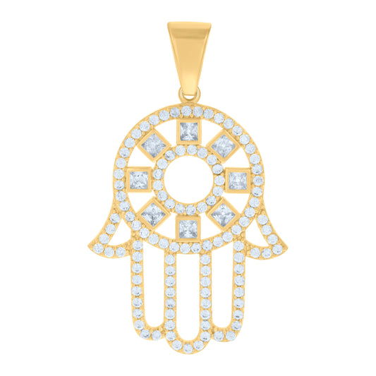 10k Yellow Gold Mens Princess Cut Round Cubic Zirconia Hamsa Symbol Religious Charm Pendant