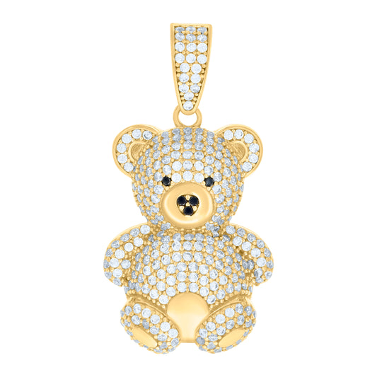 10k Yellow Gold Mens Black White Cubic Zirconia Teddy Bear Charm Pendant
