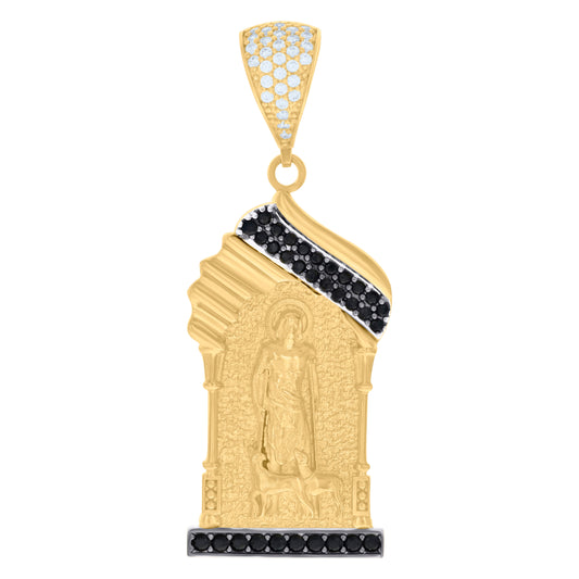 10k Two tone Gold Mens Black White Cubic Zirconia St. Lazarus Saints Religious Charm Pendant