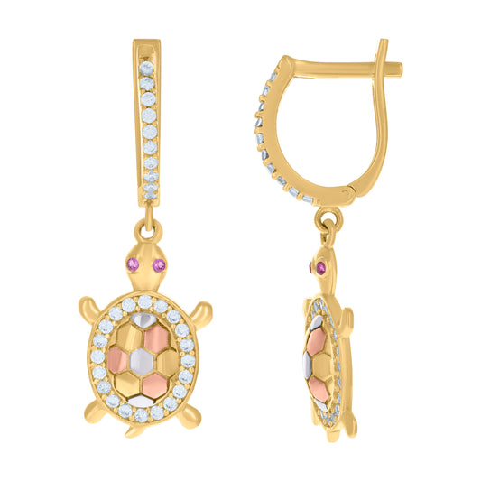 10k Tri-Color Gold Womens Pink White Cubic Zirconia Tortoise Danglers Earrings