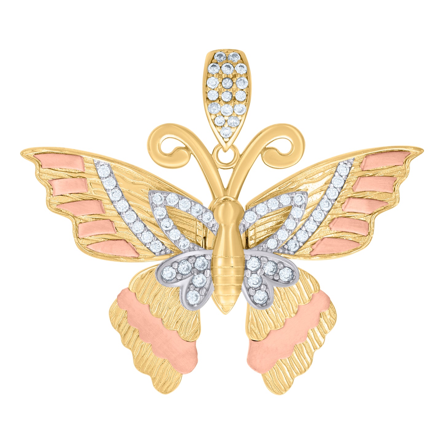 10k Tri Color Gold Womens Cubic Zirconia Butterfly Fashion Charm Pendant