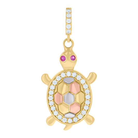 10k Tri Color Gold Womens Pink White Cubic Zirconia Tortoise Ocean Charm Pendant
