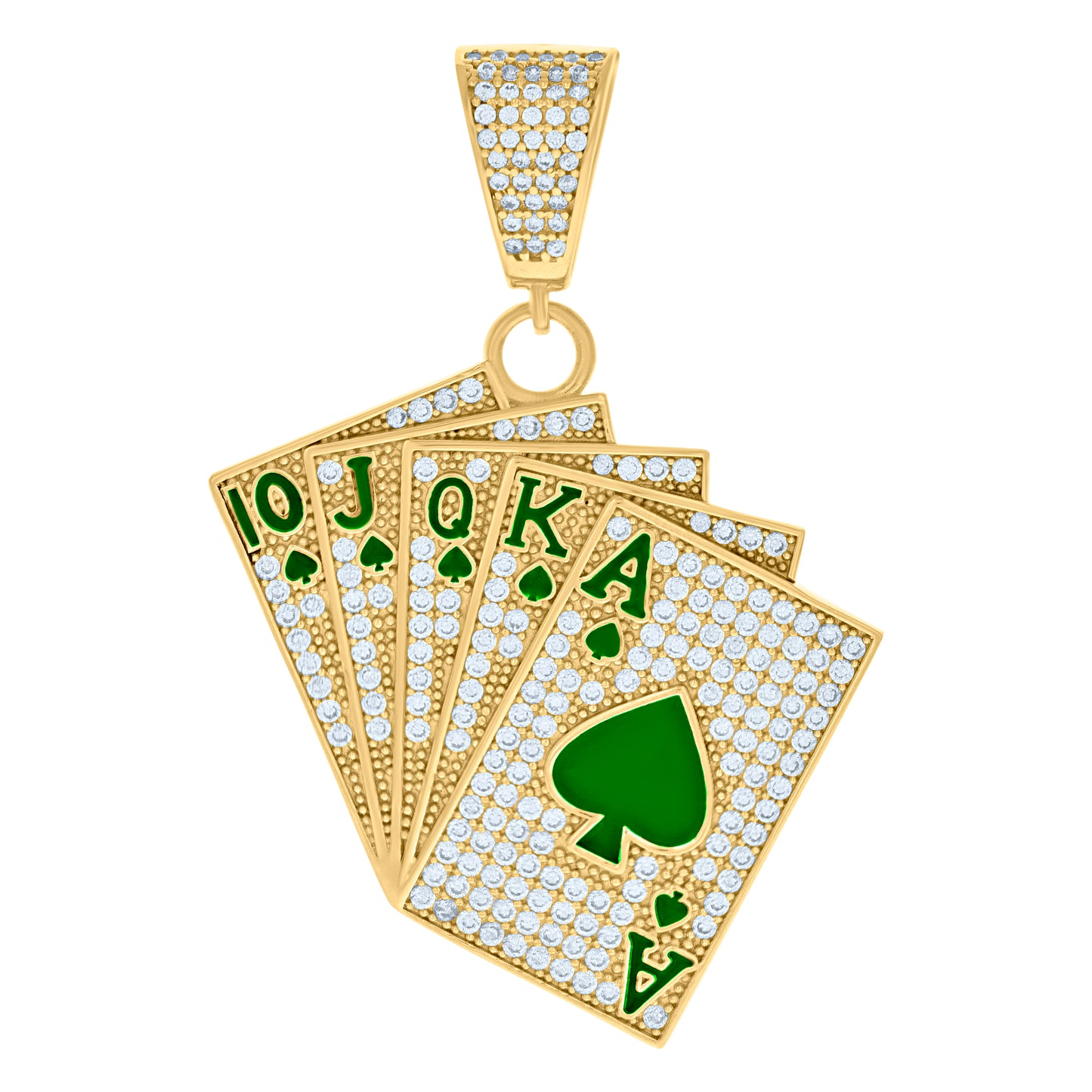 10k Yellow Gold Mens Cubic Zirconia Green Enamel Playing Cards Gambling Fashion Charm Pendant