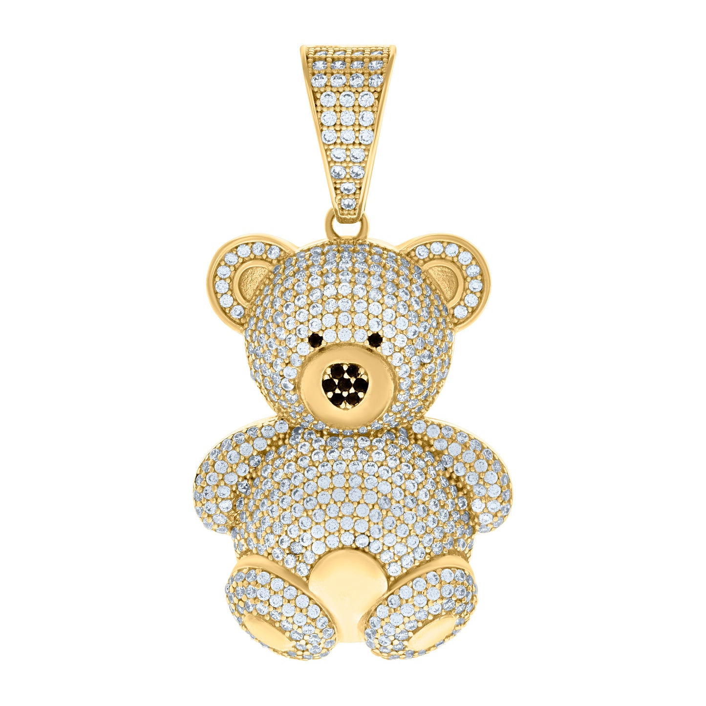 10k Yellow Gold Unisex Black White Cubic Zirconia Teddy Bear Fashion Charm Pendant