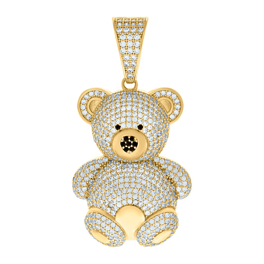 10k Yellow Gold Unisex Black White Cubic Zirconia Teddy Bear Fashion Charm Pendant