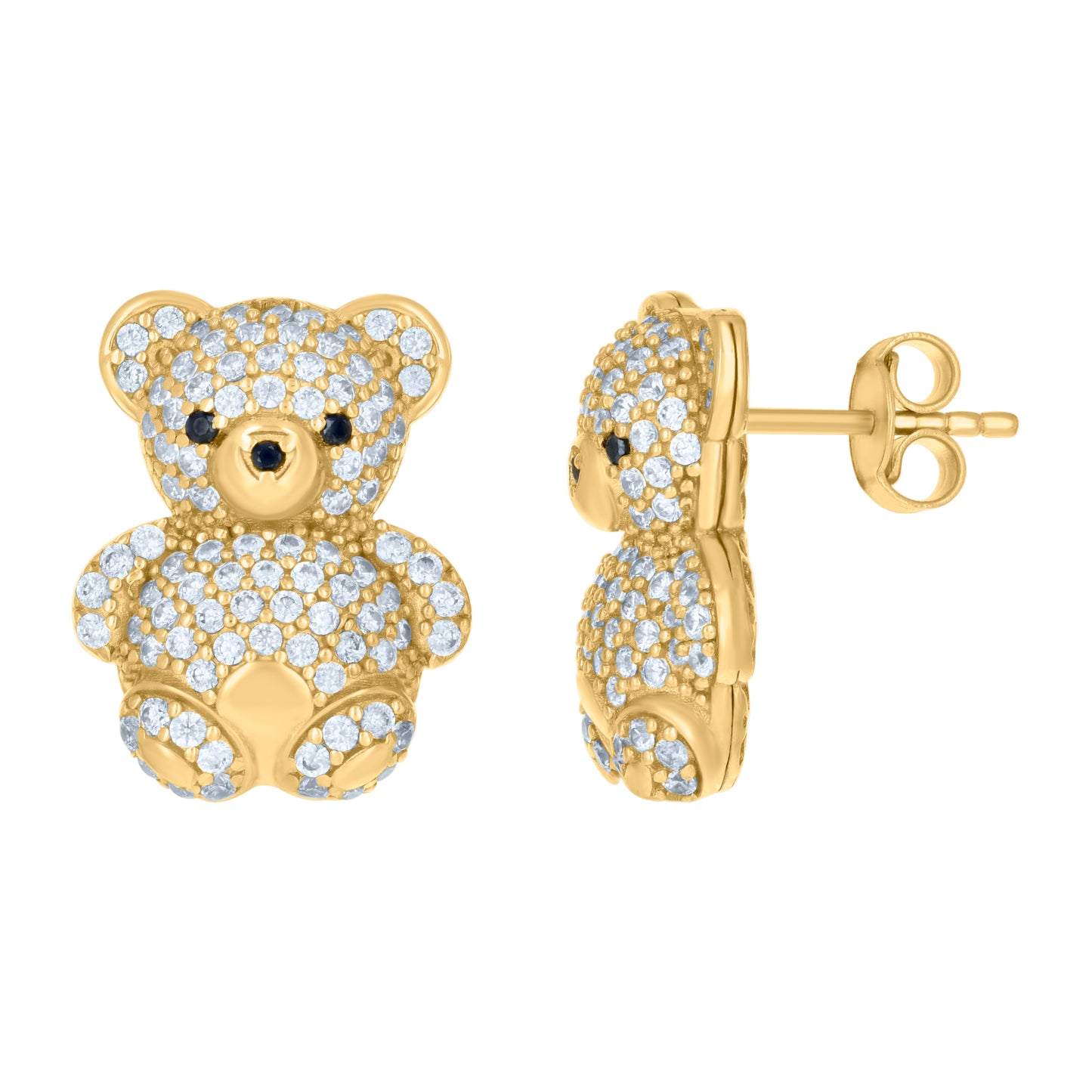 10k Yellow Gold Womens Black White Cubic Zirconia Teddy Bear Fashion Stud Earrings