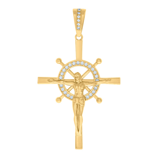 10k Yellow Gold Mens Cubic Zirconia Crucifix Cross Religious Charm Pendant