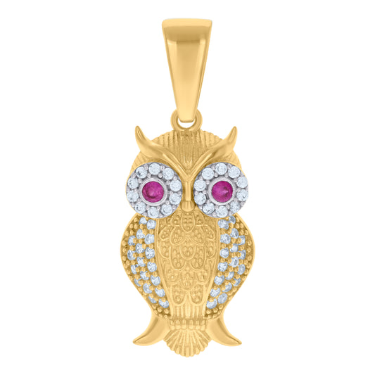 10k Two tone Gold Unisex Purple White Cubic Zirconia Owl Bird Wildlife Charm Pendant