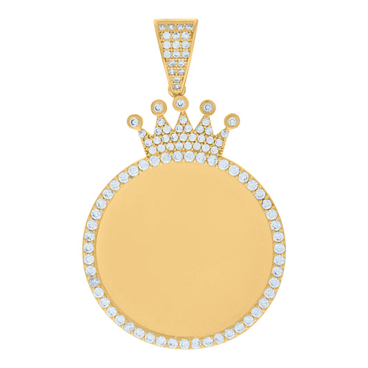 10k Yellow Gold Mens Cubic Zirconia Crown Photo Frame Charm Pendant